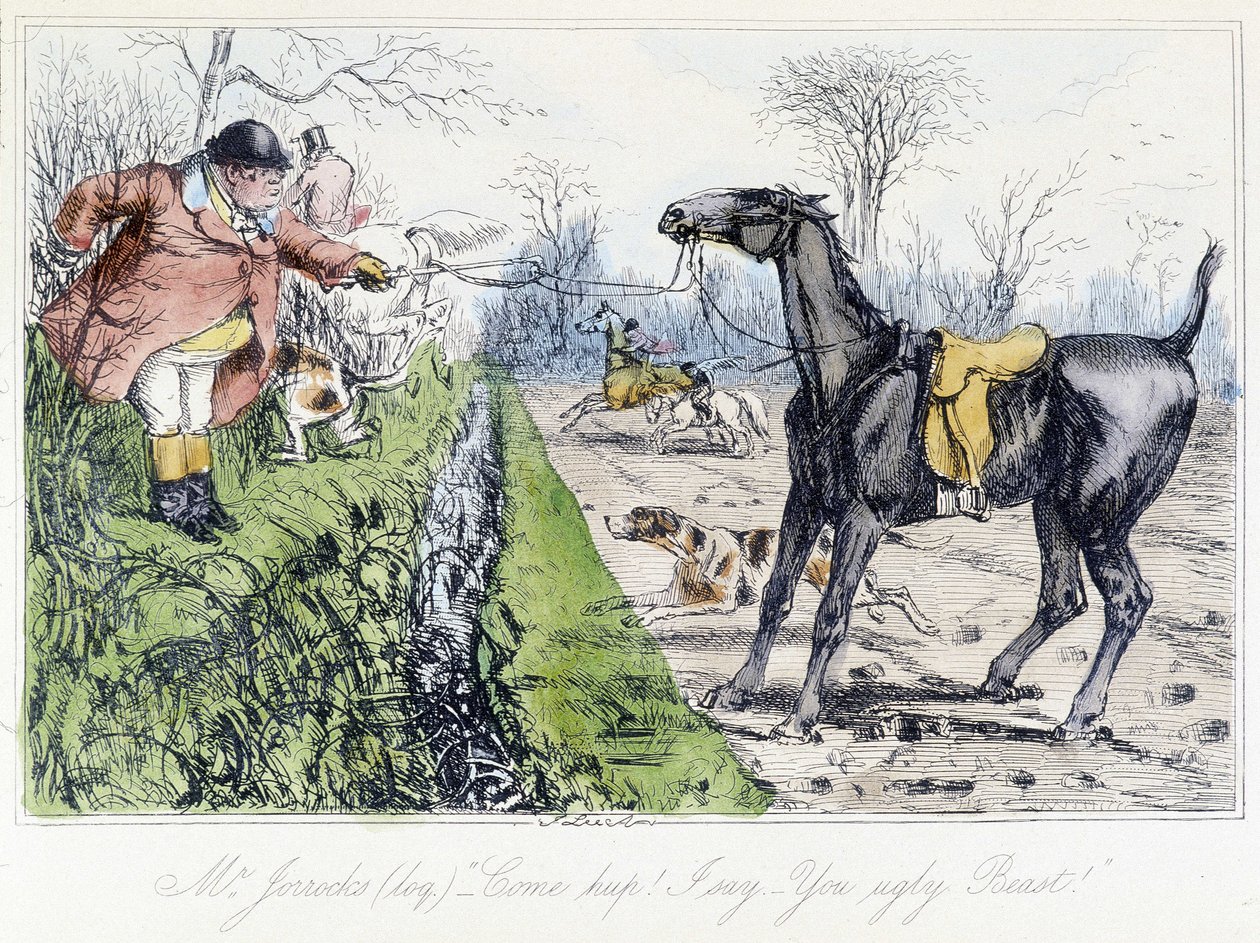 Scène de chasse à cheval. Caricature anglaise sur la chasse au renard dans "Les aventures de Thomas Scott ou Hawbuck Grange", illustration par H.K. Browne et W.T. Maud. - Hablot Knight Browne
