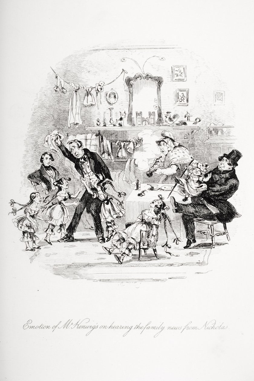Émotion de M. Kenwigs en entendant les nouvelles familiales de Nicholas, illustration de 