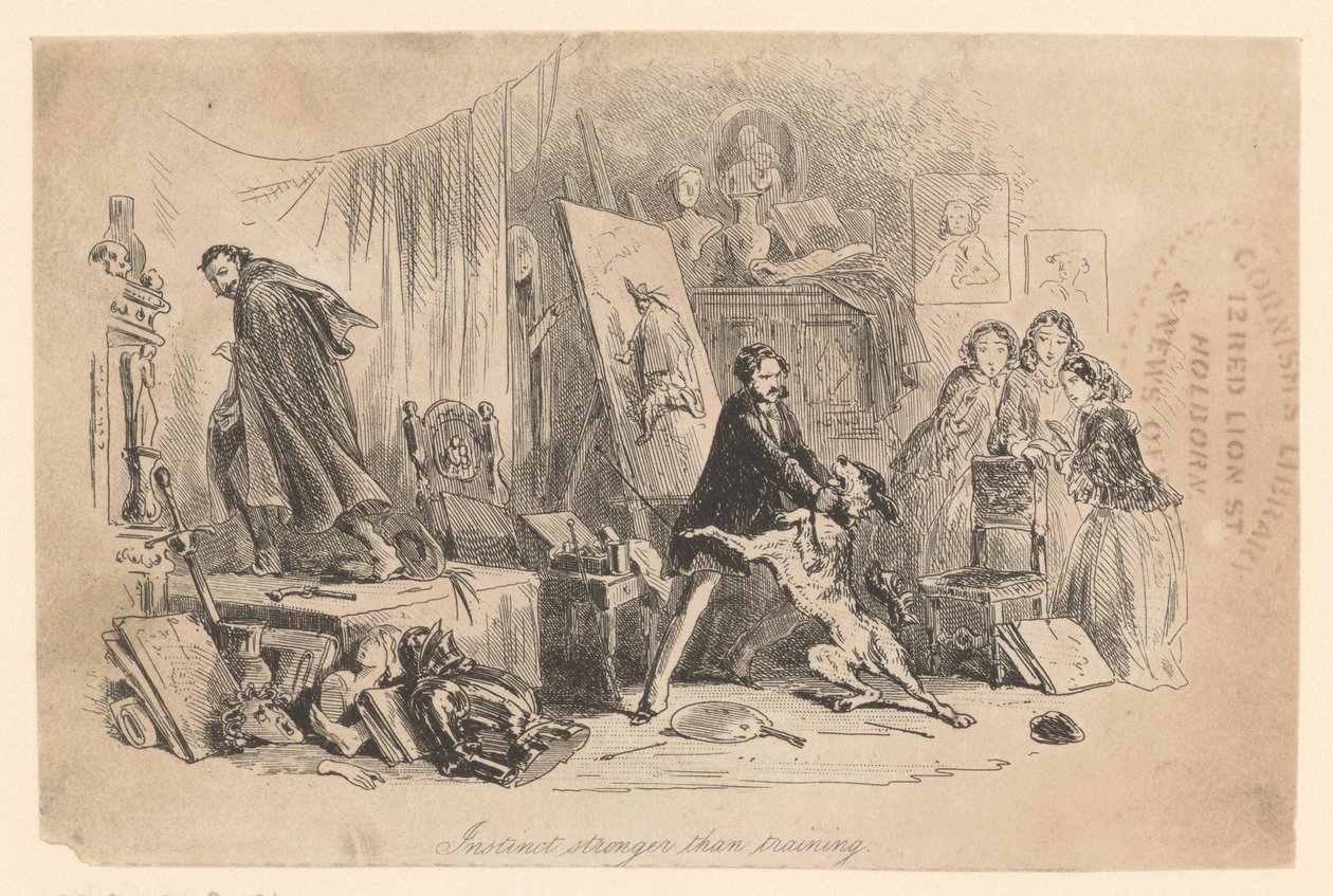Dans son atelier, Henry Gowan retient son chien, qui vient de reconnaître le criminel Rigaud - Hablot Knight Browne