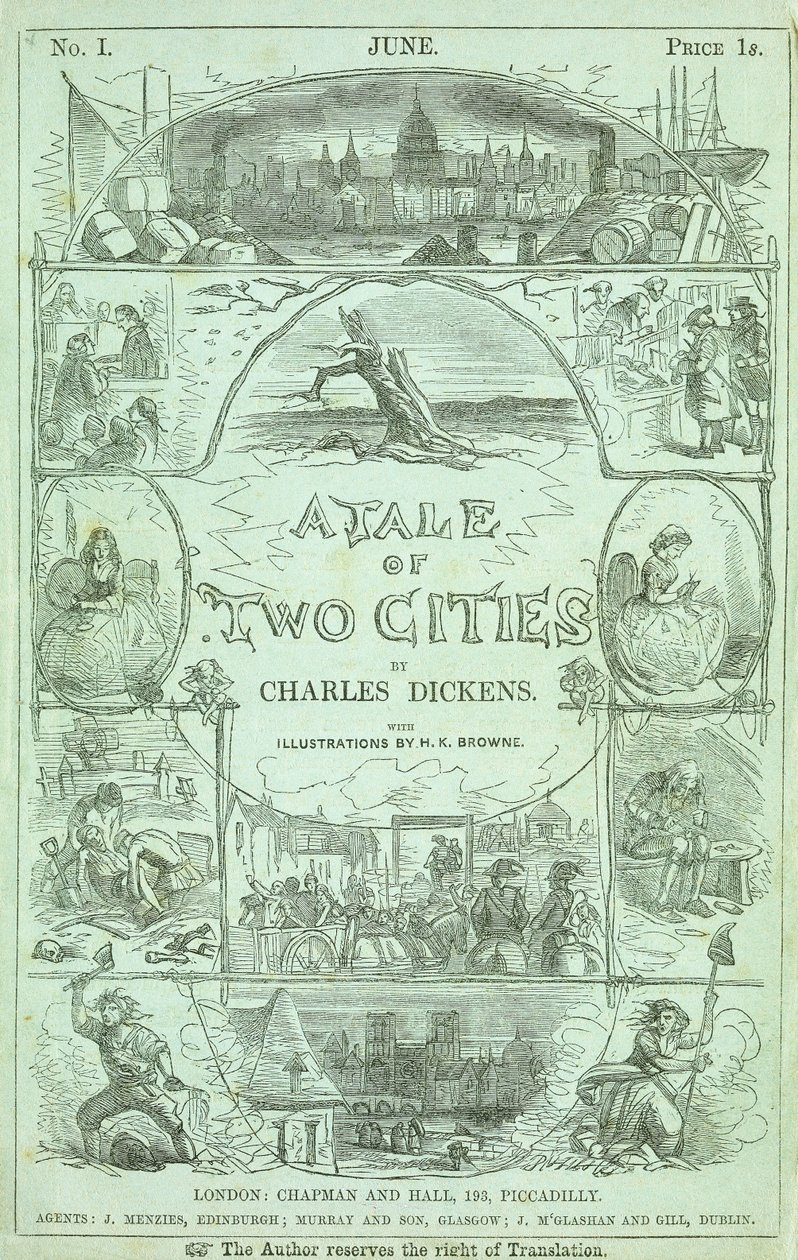 Page de titre de la première partie de la première édition en parties sérialisées du livre "A Tale of Two Cities" de Charles Dickens - Hablot Knight Browne
