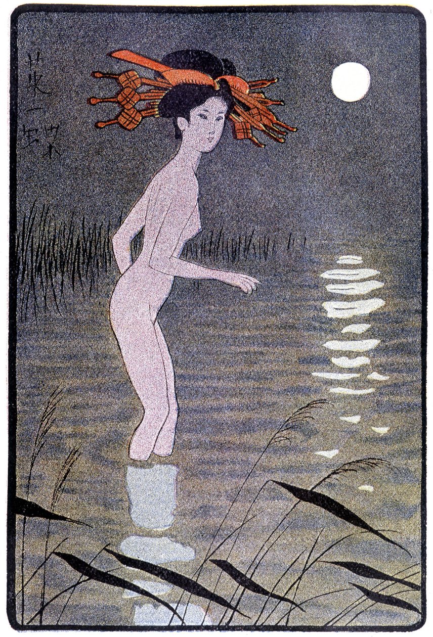 Jeune japonaise se baignant dans un étang au clair de lune - dans « Poupée japonaise » par Félicien Champsaur, ill. Hanafusa Itcho, Paris - Hanabusa Itcho