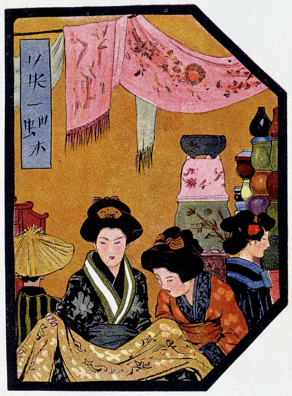 Jeunes japonais dans les magasins de soie - dans « Poupée japonaise » par Félicien Champsaur, ill. Hanafusa Itcho, Paris - Hanabusa Itcho