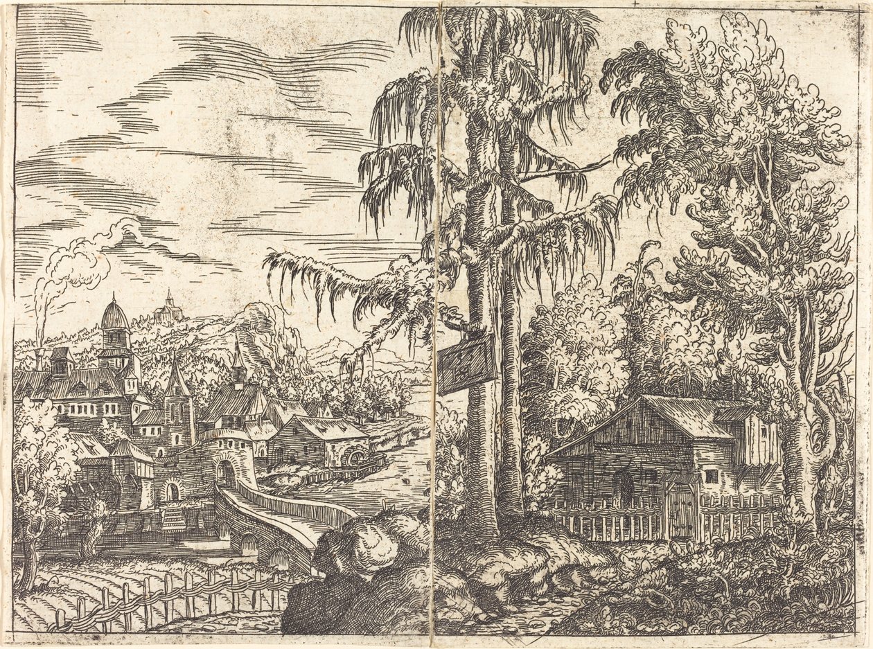 Paysage avec vue sur une ferme et une ville près d