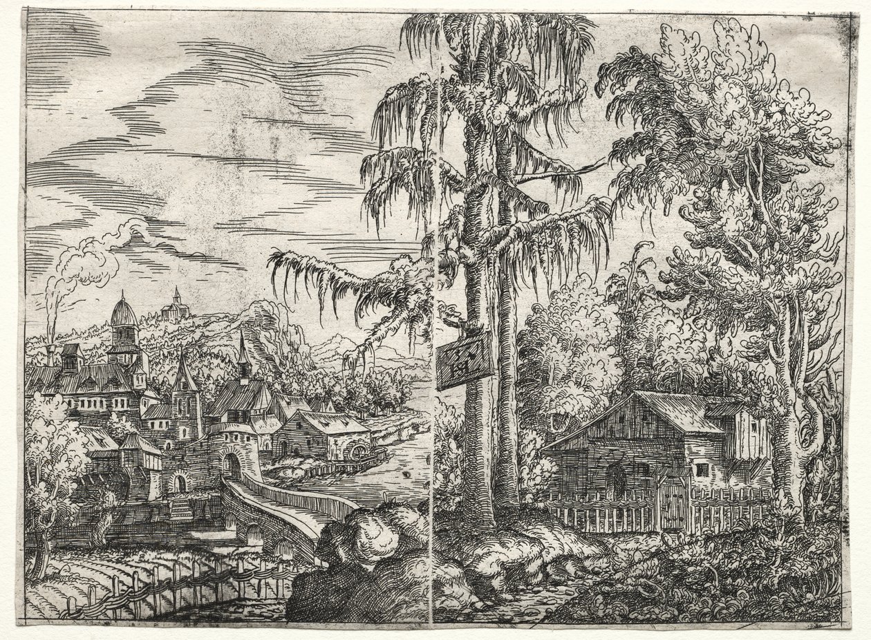 Paysage avec la ville sur une rivière et le cottage entre les arbres - Hanns Lautensack