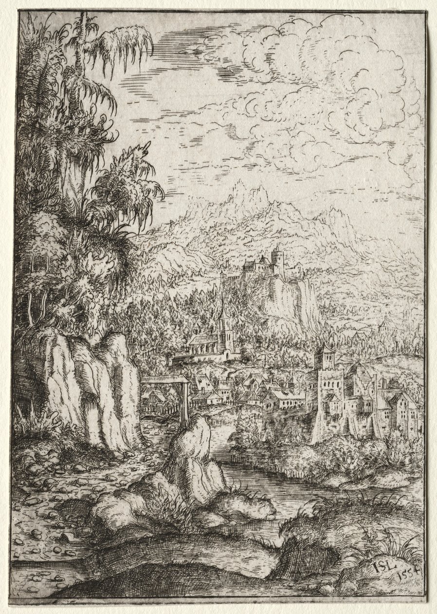 Paysage avec une route vers un château sur une île dans une rivière, 1554 - Hanns Sebald Lautensack