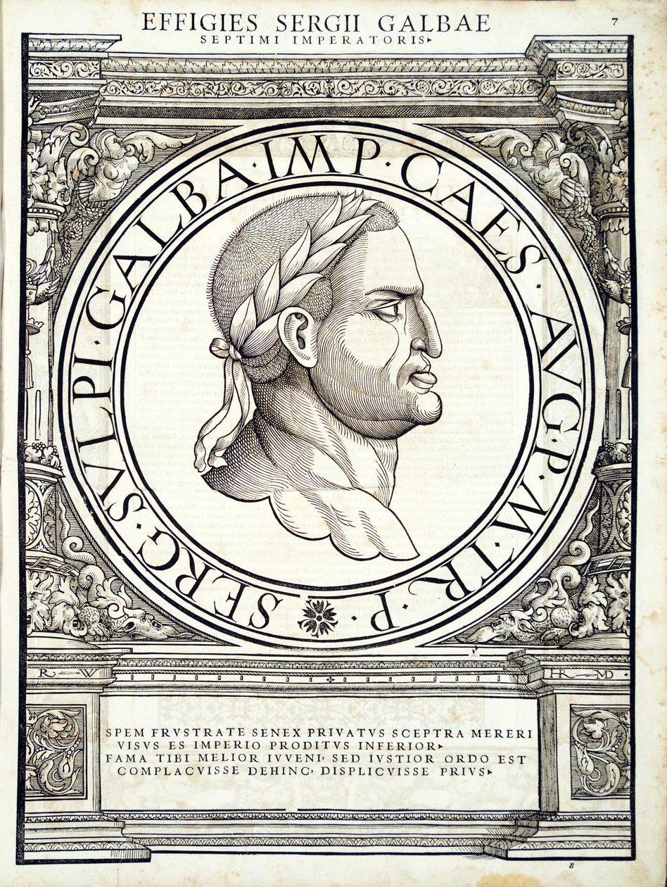 Galba, illustration de Imperatorum romanorum omnium orientalium et occidentalium verissimae imagines ex antiquis numismatis - Hans Rudolf Manuel Deutsch
