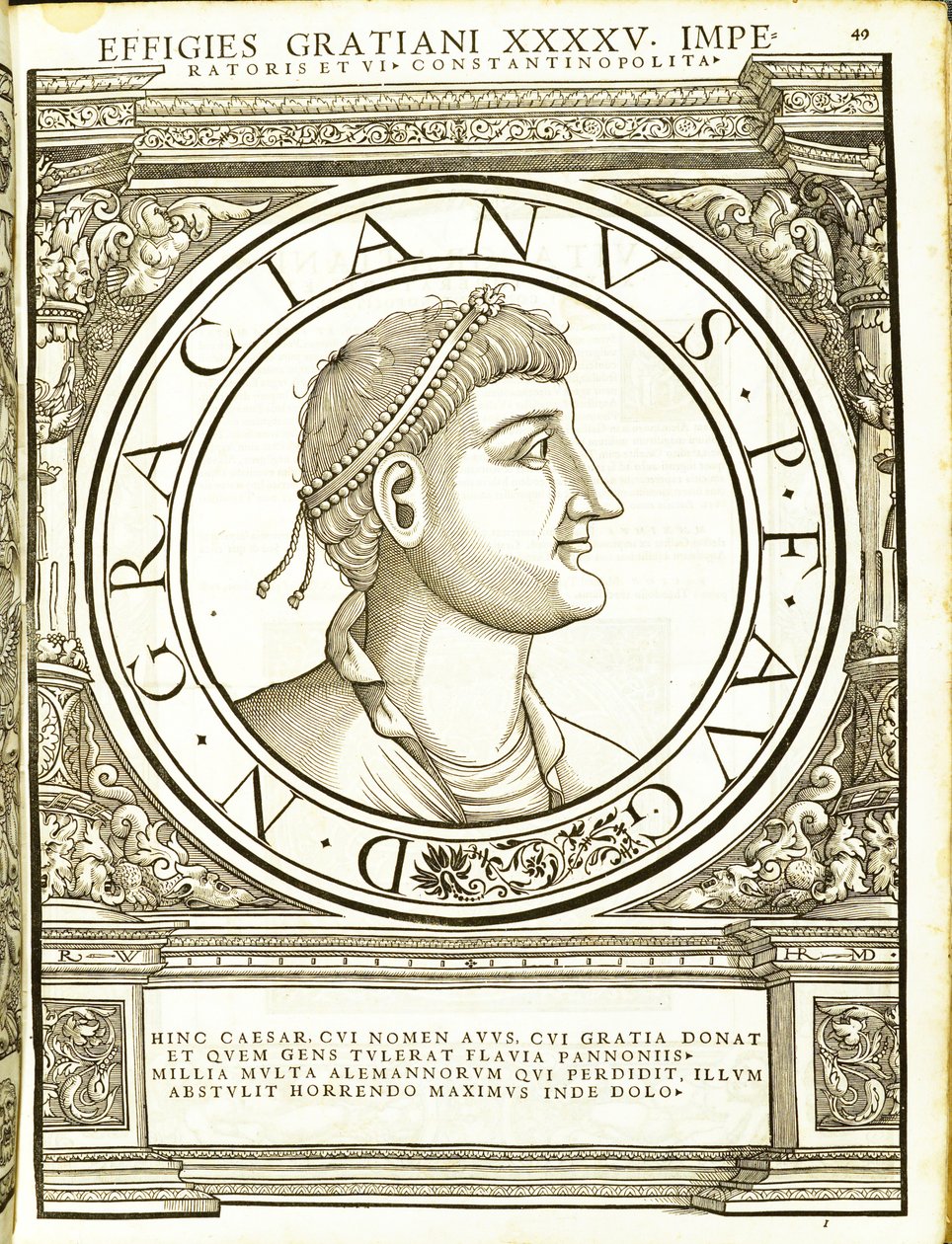 Gratianus, illustration de Imperatorum romanorum omnium orientalium et occidentalium verissimae imagines ex antiquis numismatis - Hans Rudolf Manuel Deutsch