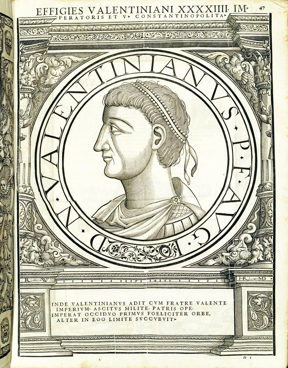 Valentinianus, illustration de Imperatorum romanorum omnium orientalium et occidentalium verissimae imagines ex antiquis numismatis - Hans Rudolf Manuel Deutsch