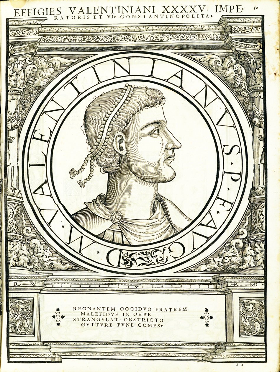 Valentinianus iunior, illustration de Imperatorum romanorum omnium orientalium et occidentalium verissimae imagines ex antiquis numismatis - Hans Rudolf Manuel Deutsch