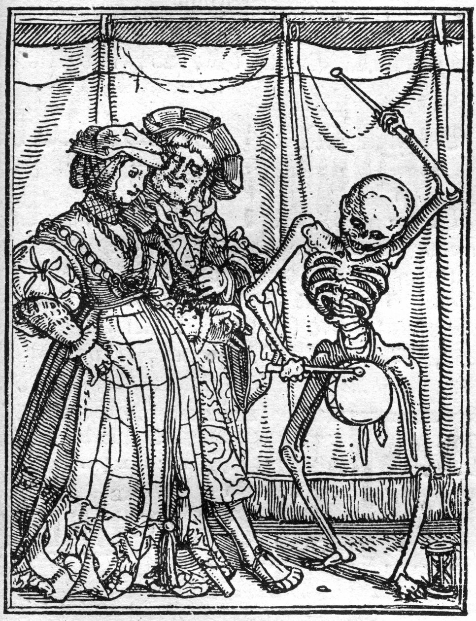 Les simulacres de la mort de Hans Holbein le Jeune (1497-1543) : les époux. La mort joue du tambour devant un couple. Gravure - Hans (after) Holbein the Younger