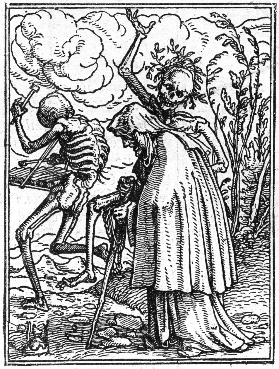 Les simulacres de la mort de Hans Holbein le Jeune (1497-1543) : la vieille. La mort accompagne une vieille dame à son destin. Gravure - Hans (after) Holbein the Younger