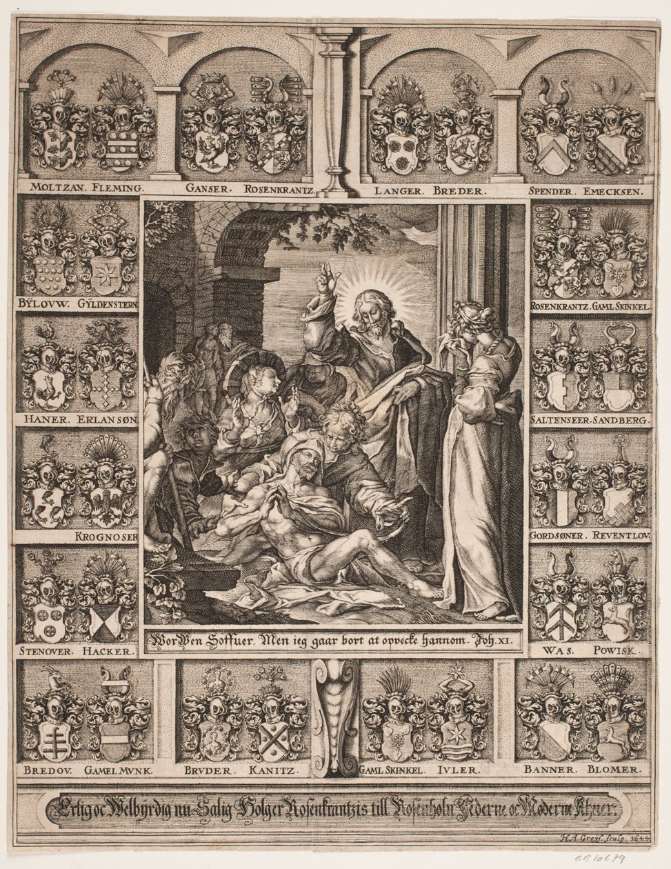 Résurrection de Lazare entourée des armoiries de Holger Rosenkrantz - Hans Andreas Greys