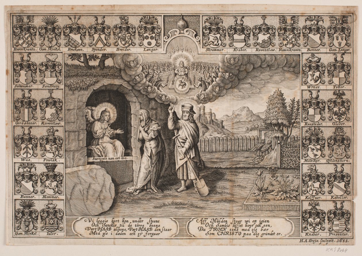 Page de titre pour sermon funèbre sur Ida Langs avec représentation du Christ comme jardinier et Marie Madeleine - Hans Andreas Greys