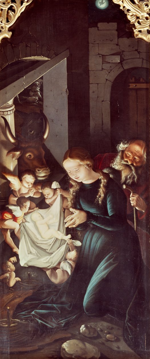 Nativité de Jésus, panneau des Histoires de la Vierge, par Hans Baldung, Retable de la cathédrale de Fribourg - Hans Baldung Grien