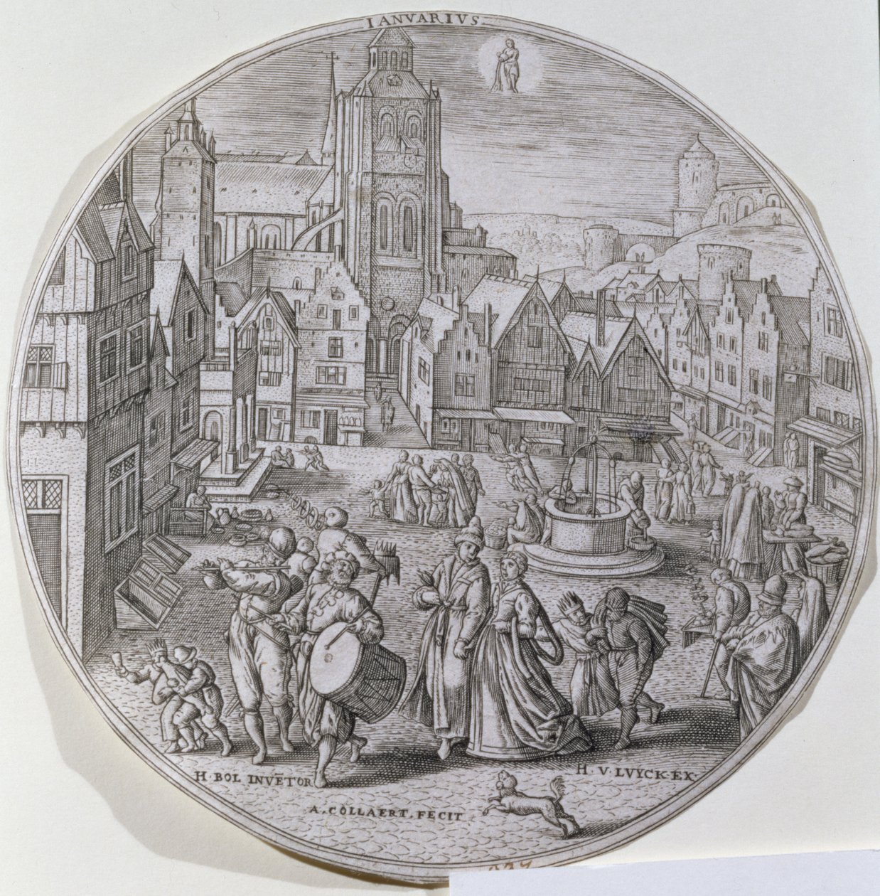 Janvier, montrant des bourgeois célébrant la Nuit des Rois sur la place du marché de Bergen, d