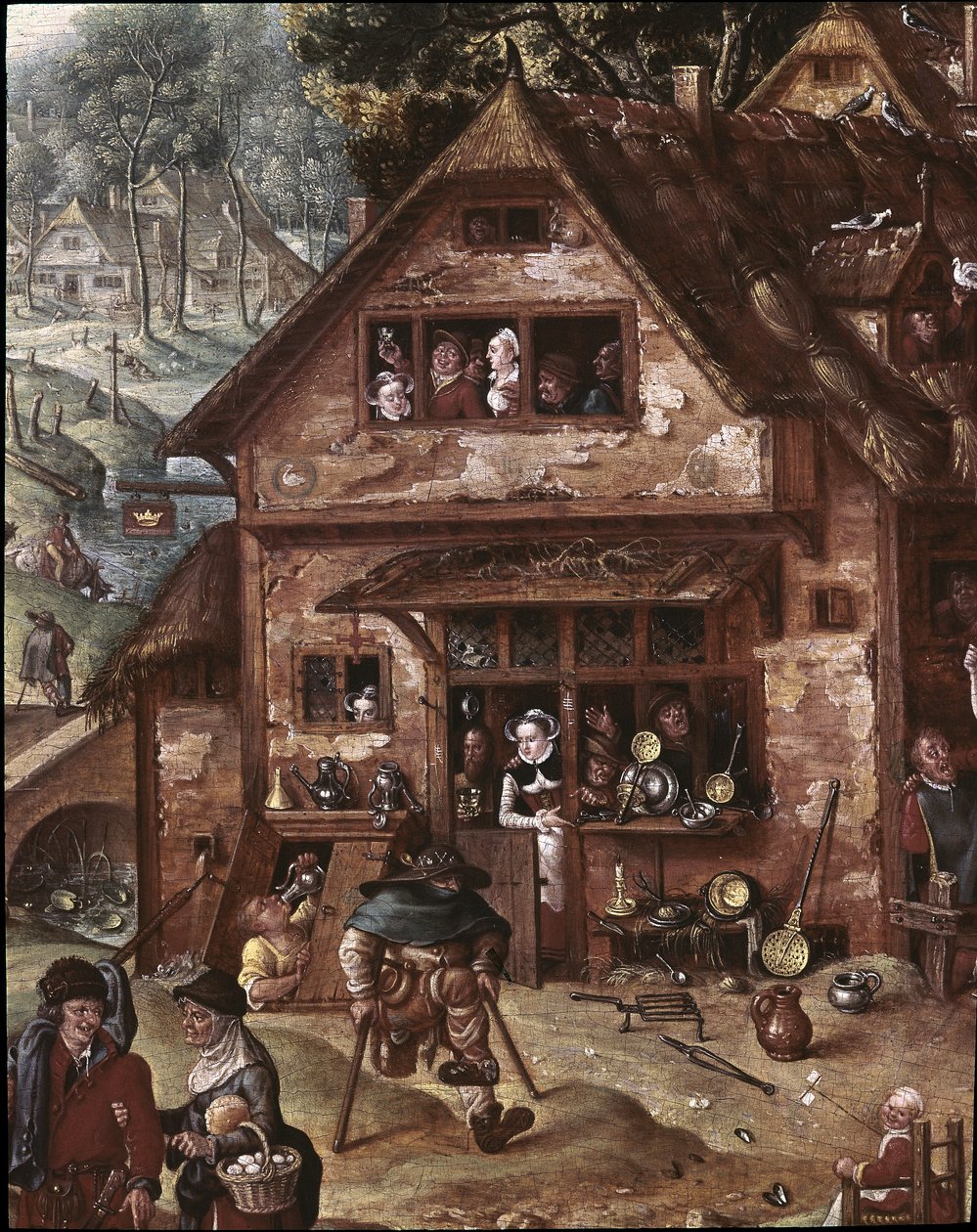Vue du village avec des scènes burlesques (détail) - Hans Bol