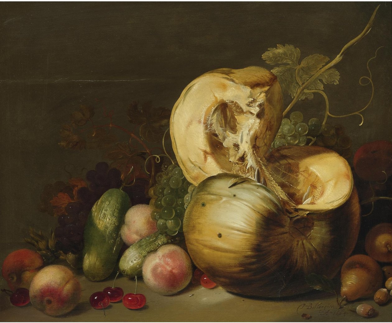 Nature morte avec une citrouille, des pêches, des raisins, des cerises et d