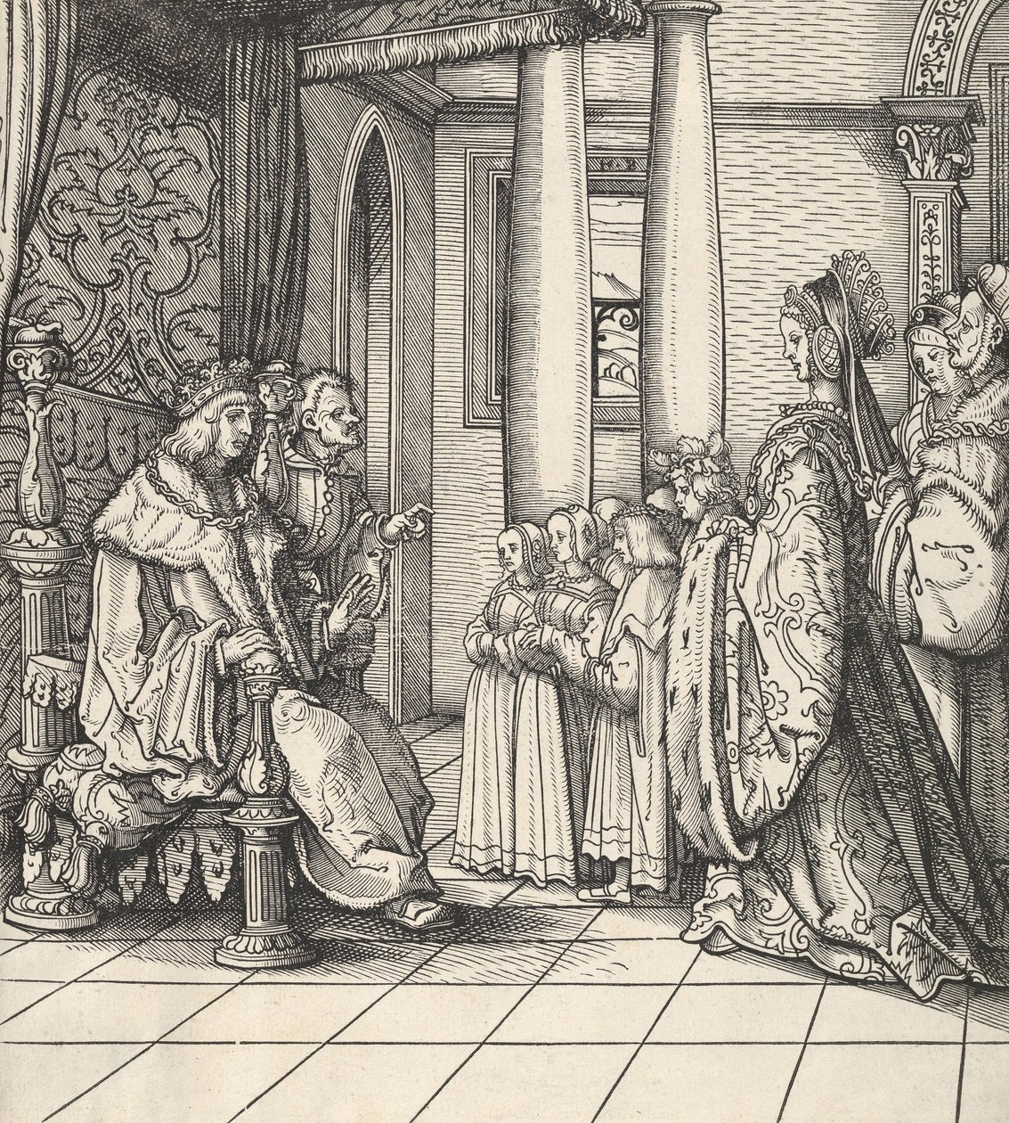 Le Roi Blanc Recevant Sa Fille Marguerite et les Enfants du Roi Philippe, de Der Weisskunig, 1514-16 - Hans Burgkmair