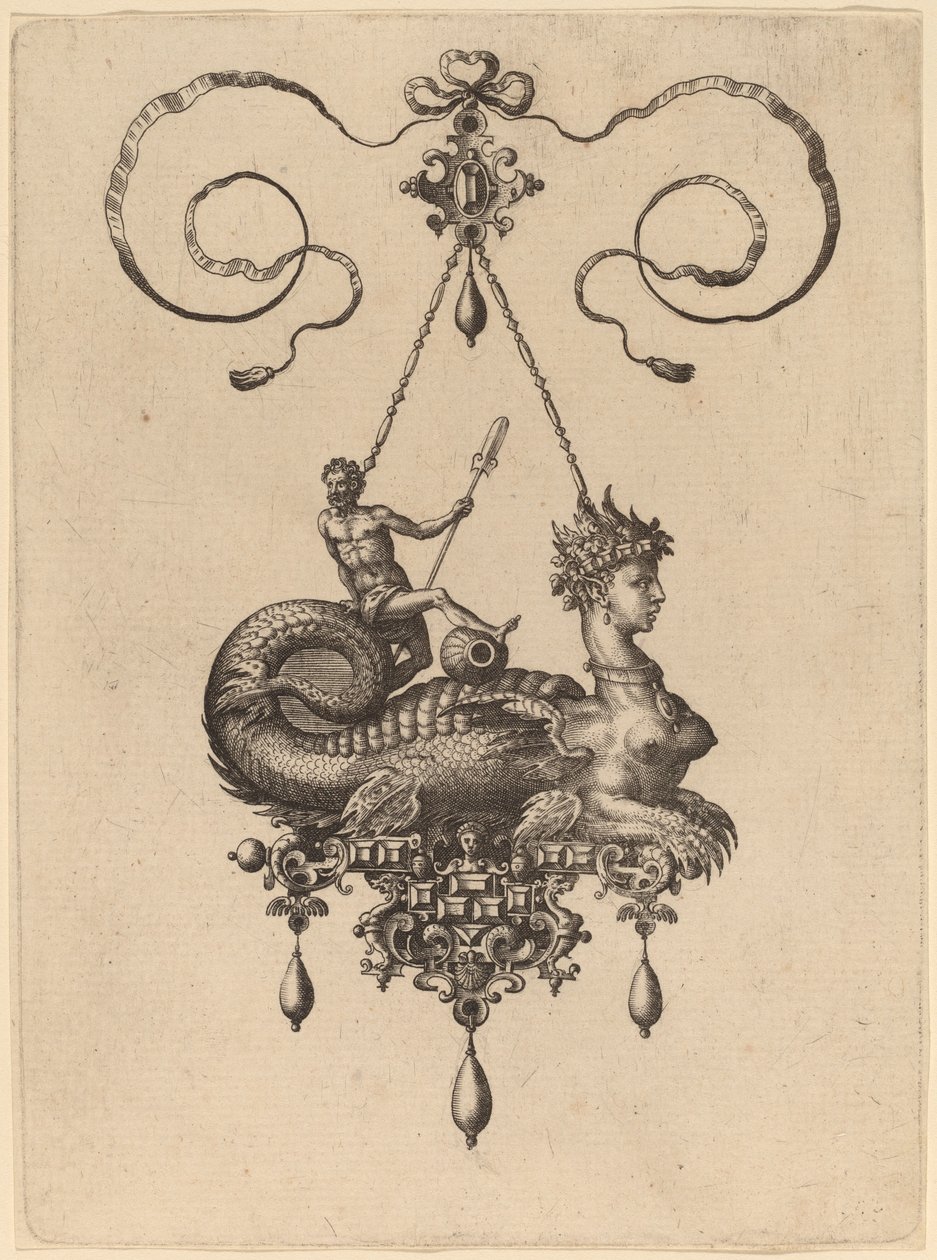 Conception pour un pendentif avec un sphinx au corps de poisson portant un homme avec une rame - Hans Collaert the Elder