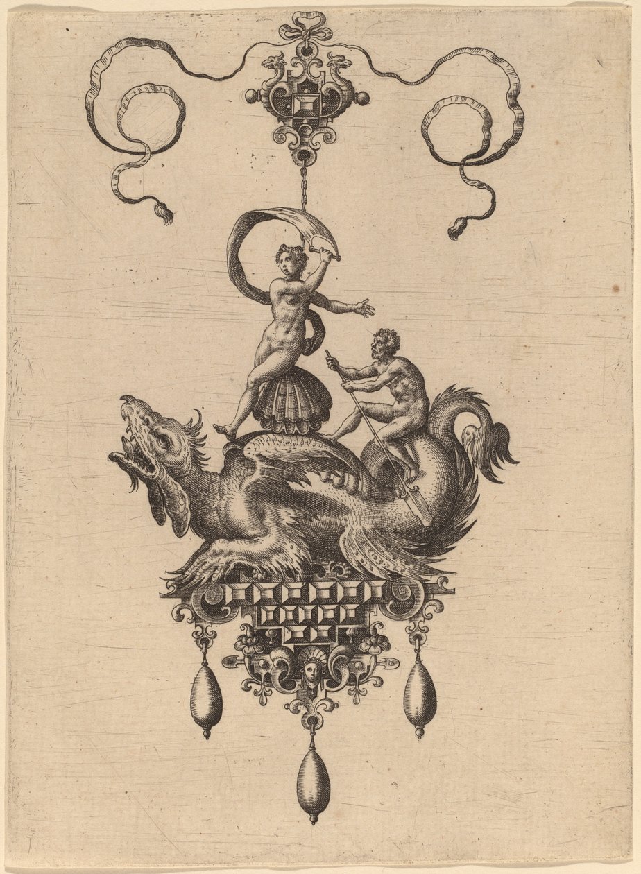 Conception pour un pendentif avec un monstre marin ailé portant Vénus Anadyomène sur une coquille et un homme avec une rame - Hans Collaert the Elder