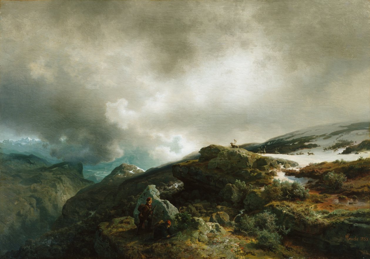 Paysage de haute montagne avec chasseurs de rennes - Hans Gude