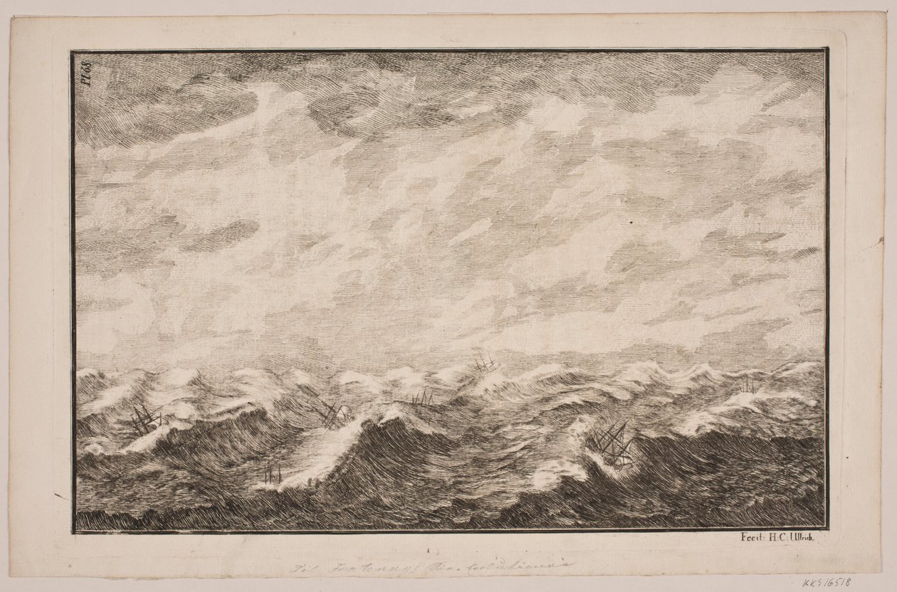 Navires en mer agitée. Illustration pour Fontenay, "Évolution de la mer"; Copenhague 1743 - Hans Henrich Christian Ulrich