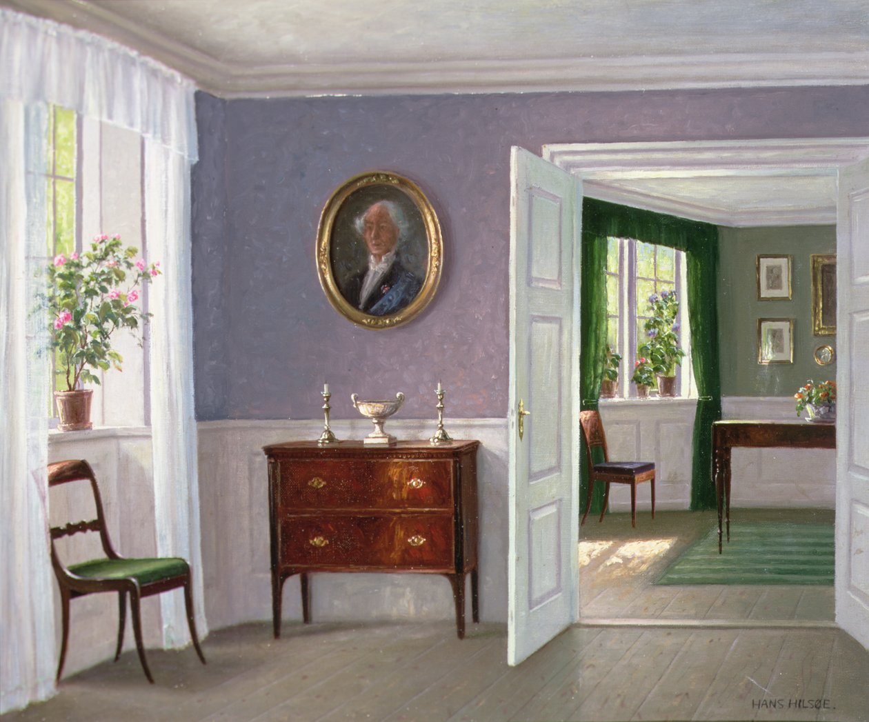 Un intérieur ensoleillé (huile sur toile) - Hans Hilsoe