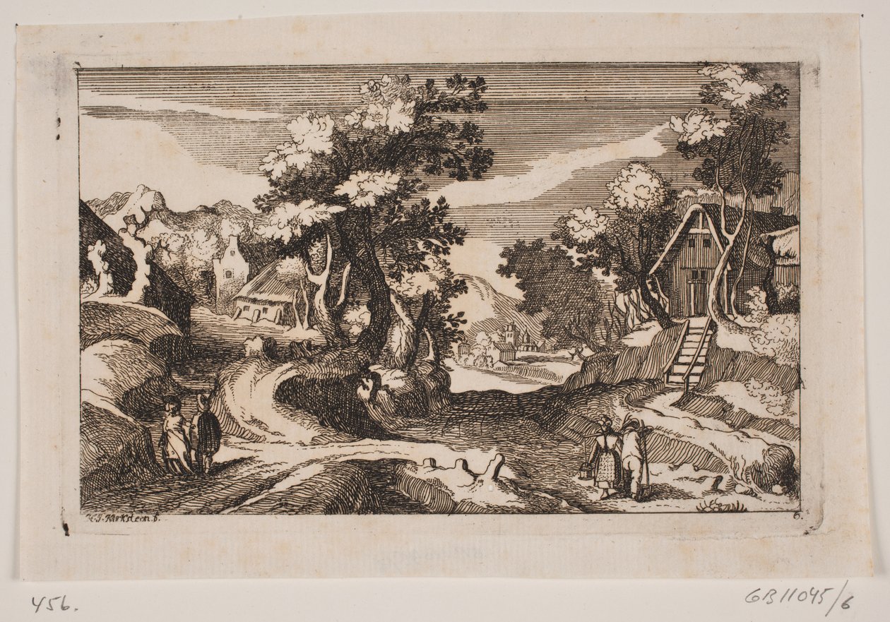 Paysage vallonné avec maisons de paysans. Au premier plan, une laitière et un paysan avec une fourche - Hans Jørgen Kirksteen