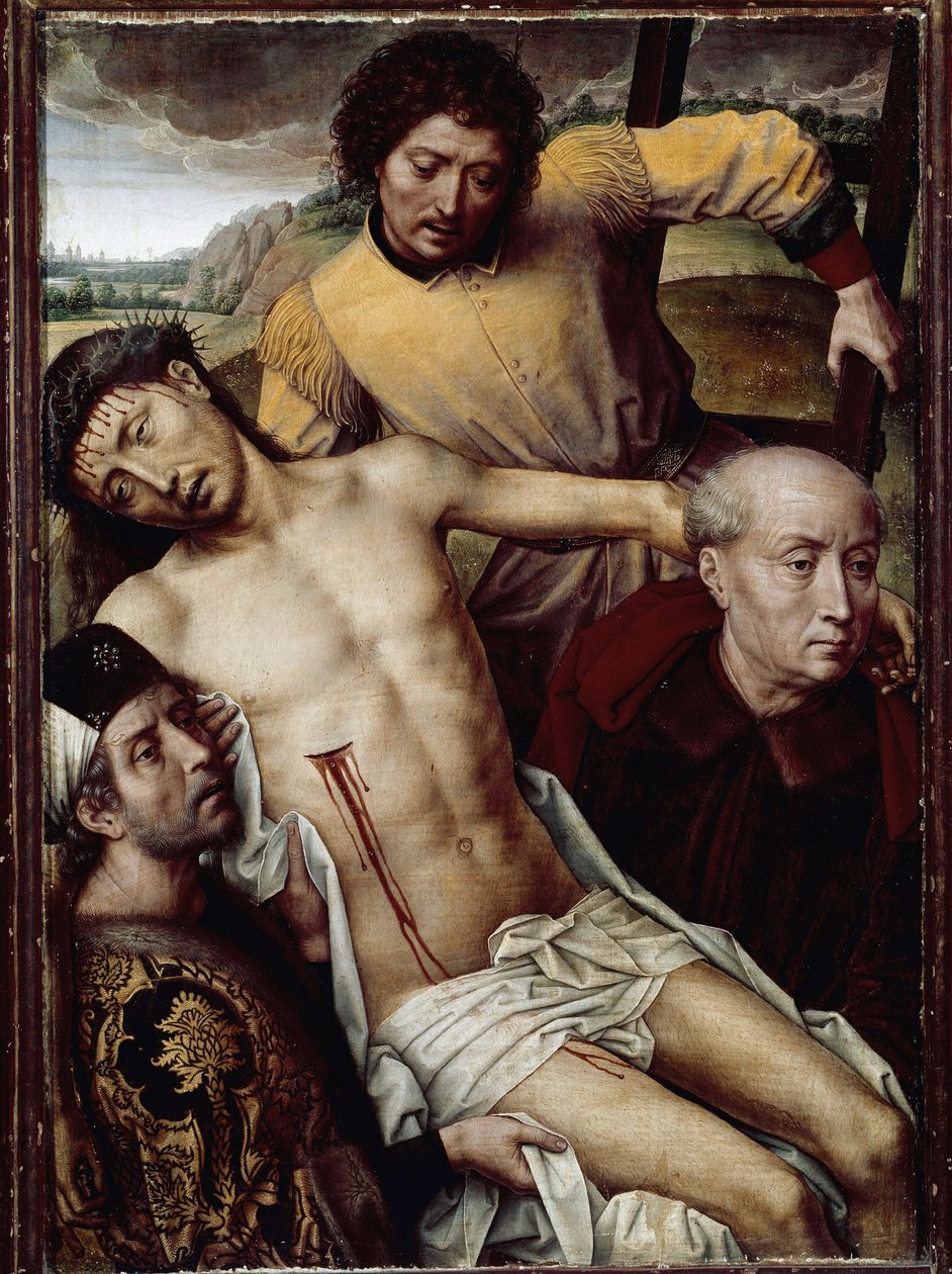 La descente de croix (déposition). Le corps de Jésus-Christ est porté par trois hommes, dont Joseph d