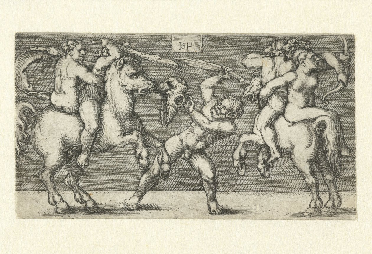 Combat entre deux hommes avec des femmes à cheval et un homme debout - Hans Sebald Beham