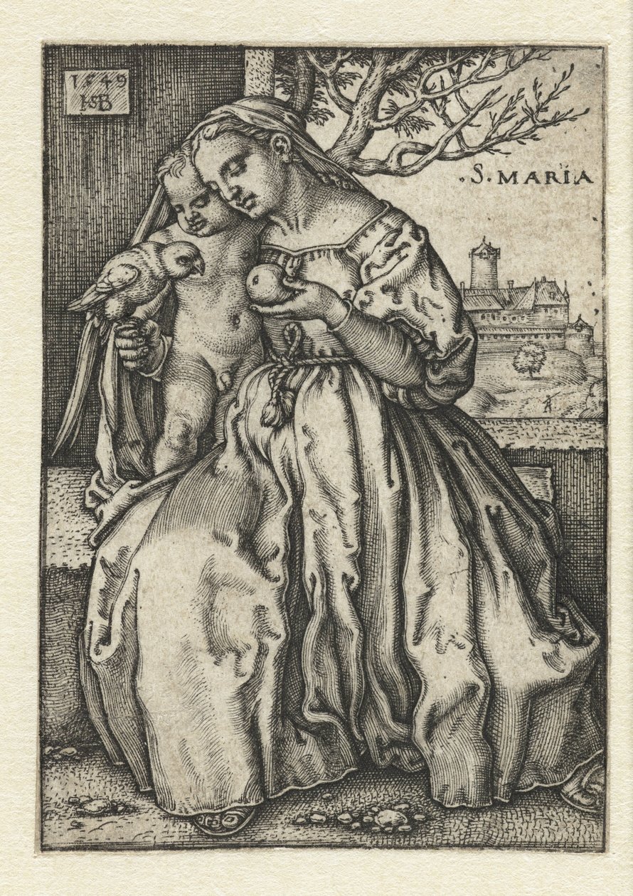 Marie avec enfant, perroquet et poire - Hans Sebald Beham