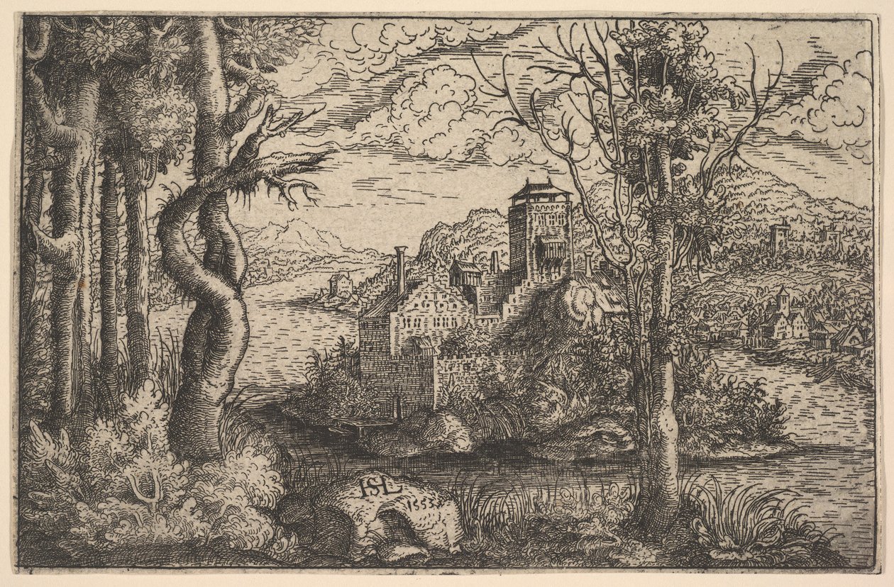 Vue sur une rivière, avec un château sur une île, 1553 - Hans Sebald Lautensack