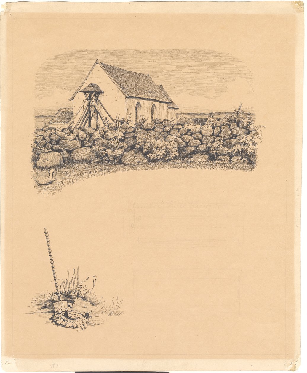 Illustration pour St. St. Blicher : "Mowns". Avant-plan : église derrière un mur de pierre ; avant-plan : cimetière (?) avec une pelle - Hans Smidth