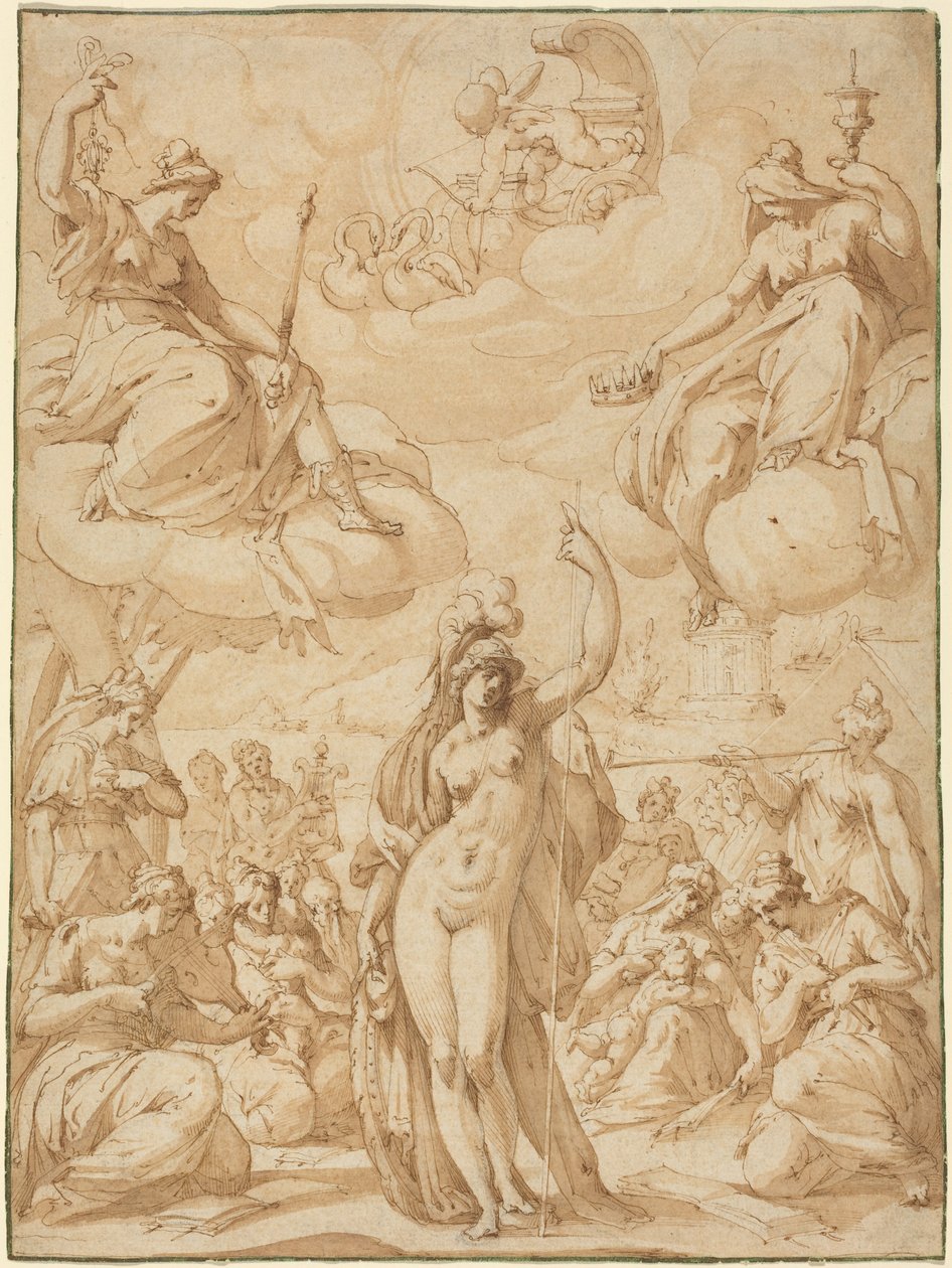 Allégorie de Minerve à la tête des Muses, en ou avant 1575 (plume et encre) - Hans Speckaert