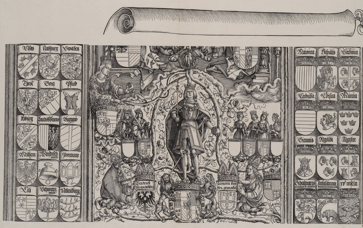 La partie supérieure de la généalogie de Maximilien, avec le bord droit du rouleau, 1515 - Hans Springinklee