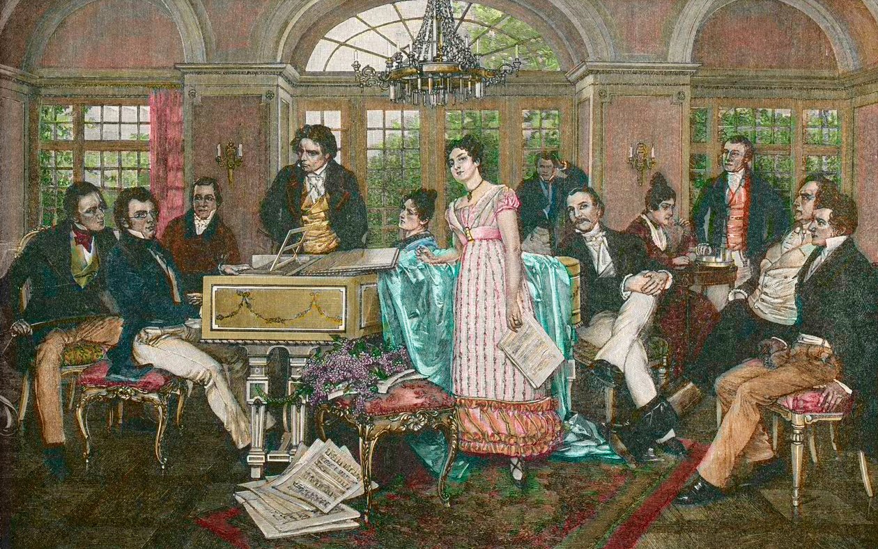 FRANZ SCHUBERT (1797-1828) compositeur autrichien - Soirée Schubert chez Joseph von Spaun - de gauche à droite : Bauernfeld, Schubert, Kupelwieser, Beethoven, sœurs Frohlich, Mayrhofer, Schwind, Spaun, Vogl, Grillparzer - Schubert chez Spaun après la doule - Hans Temple