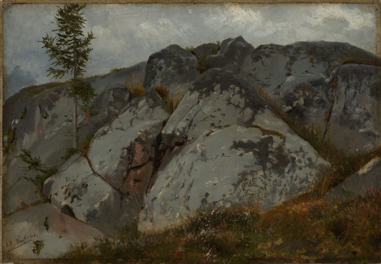 Blocs rocheux parsemés de petits sapins - Hans Thoma