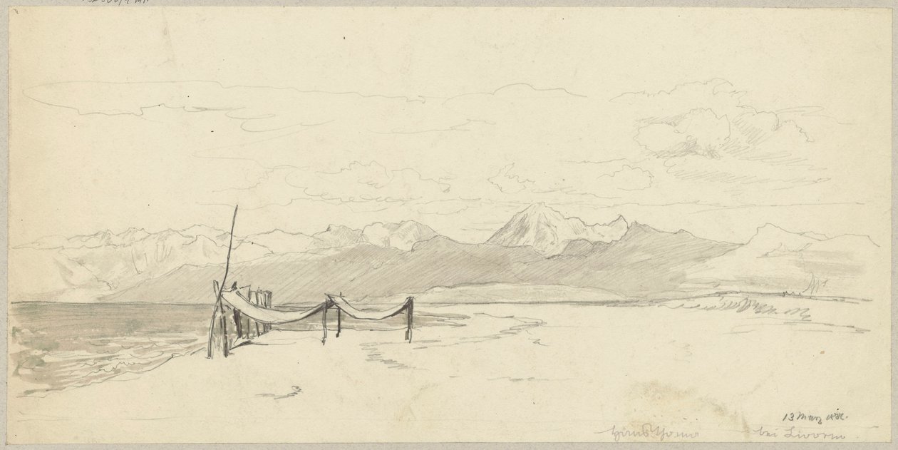 Fragment du littoral près de Livourne avec des filets de pêche étendus sur la plage - Hans Thoma