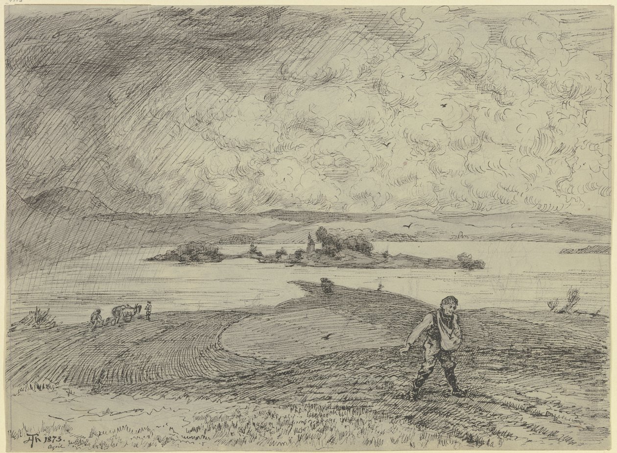 Paysage avec un semeur, un lac et une île en arrière-plan - Hans Thoma