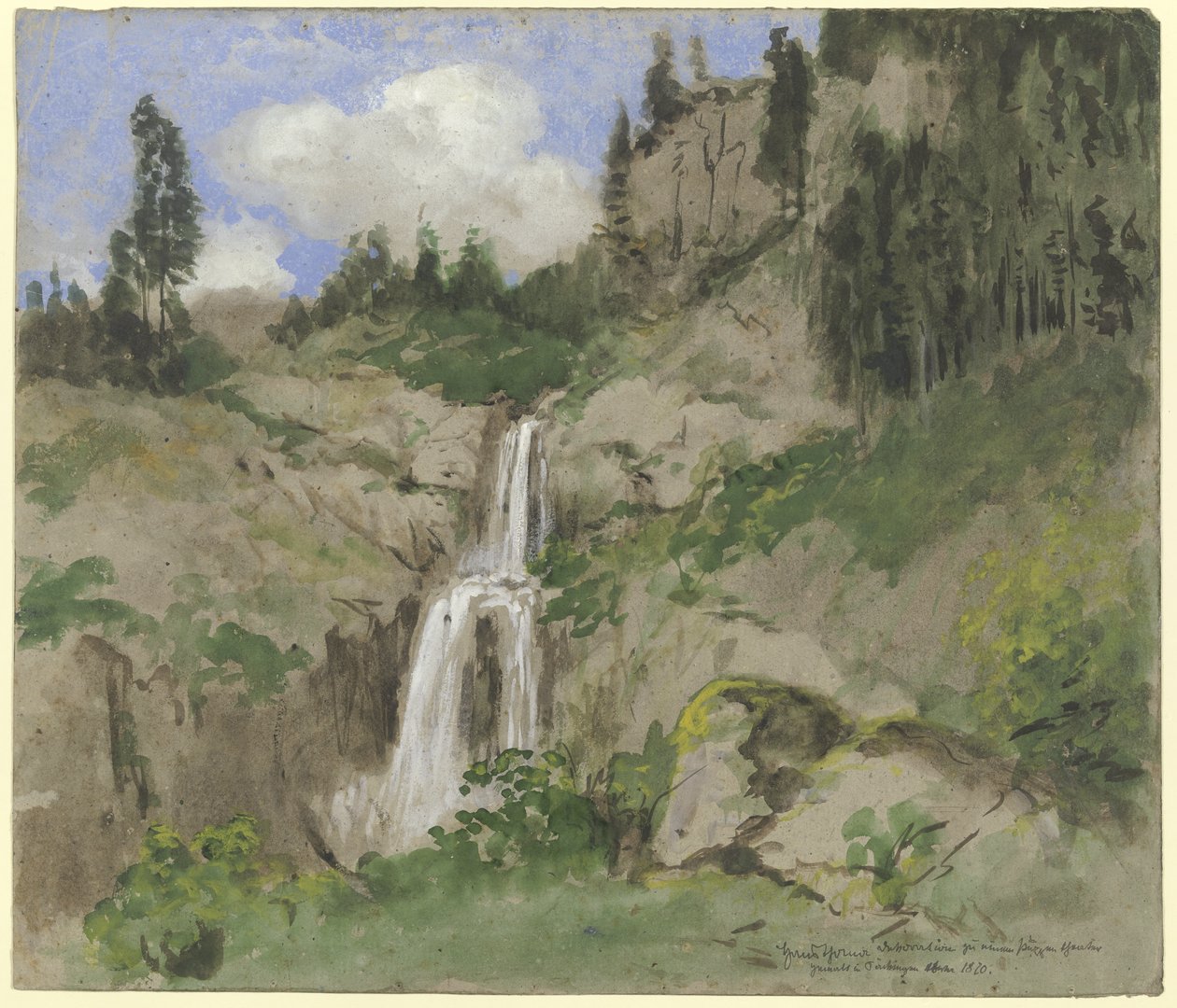Paysage avec cascade (décor pour un théâtre de marionnettes) - Hans Thoma