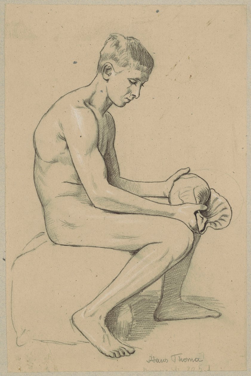 Jeune homme nu avec un coquillage assis sur une pierre - Hans Thoma