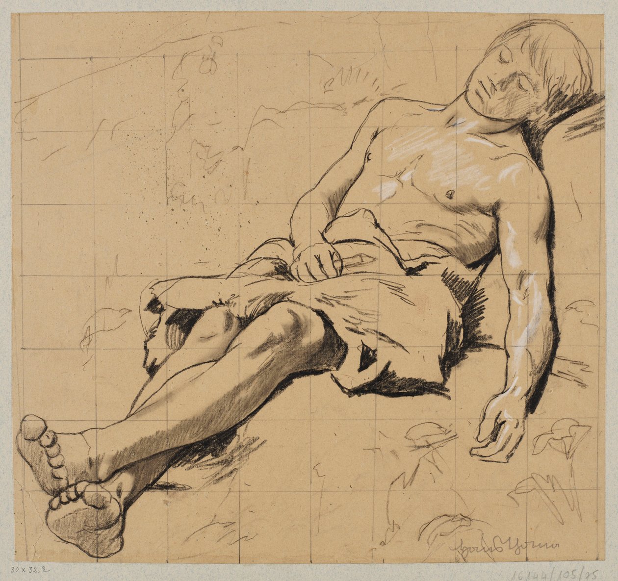 Berger à demi nu avec un pagne de cuir, dormant dans une prairie - Hans Thoma