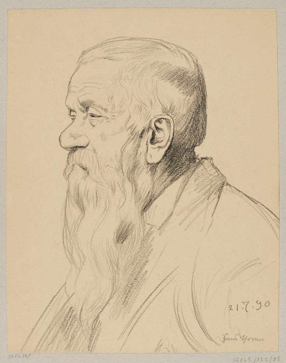 Un vieil homme à la longue barbe, représenté de profil - Hans Thoma