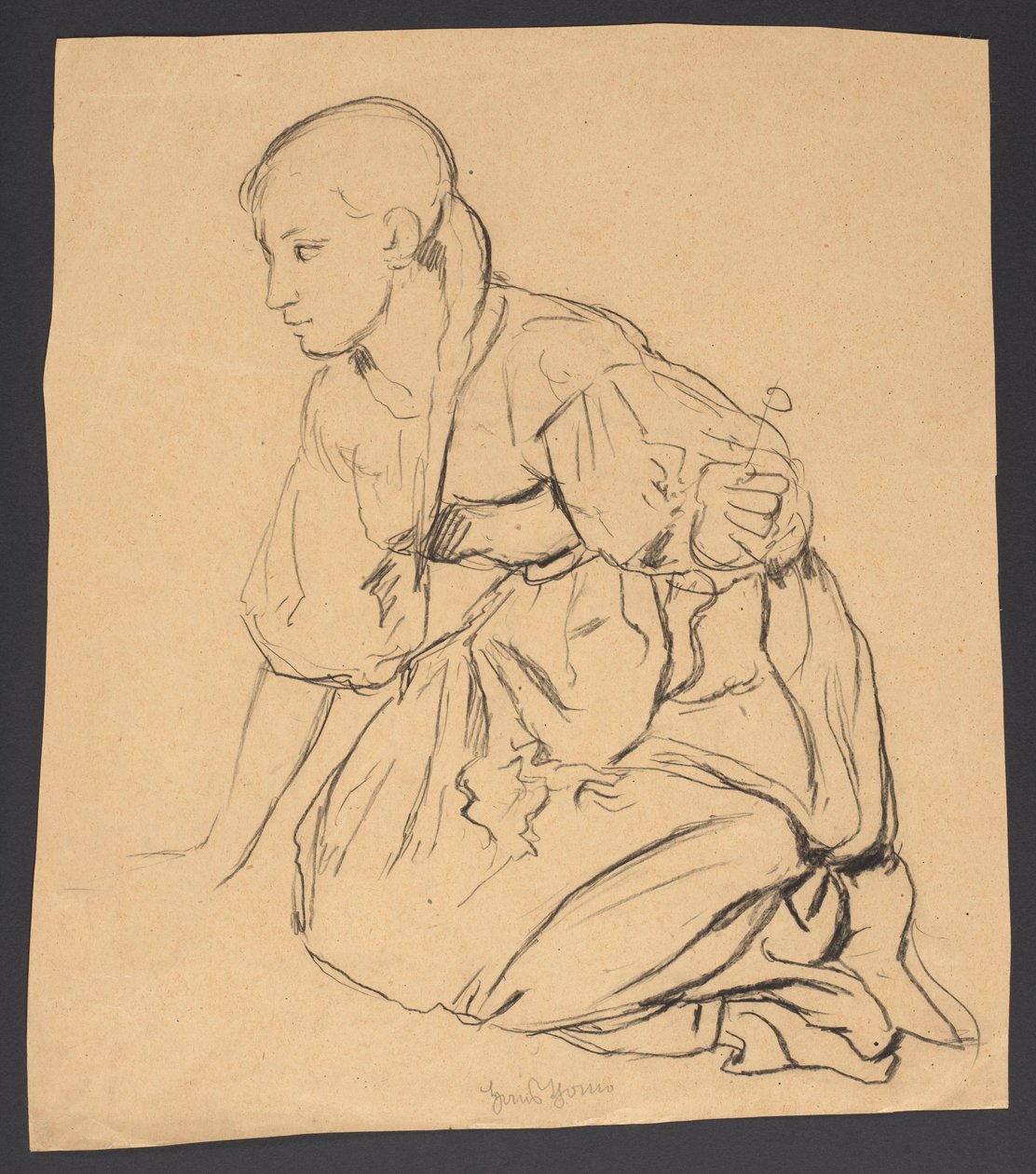 Studie eines Mädchens, das auf einer Wiese kniet - Hans Thoma