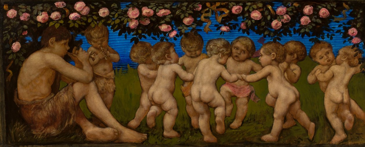 Des putti dansants avec une guirlande de roses - Hans Thoma