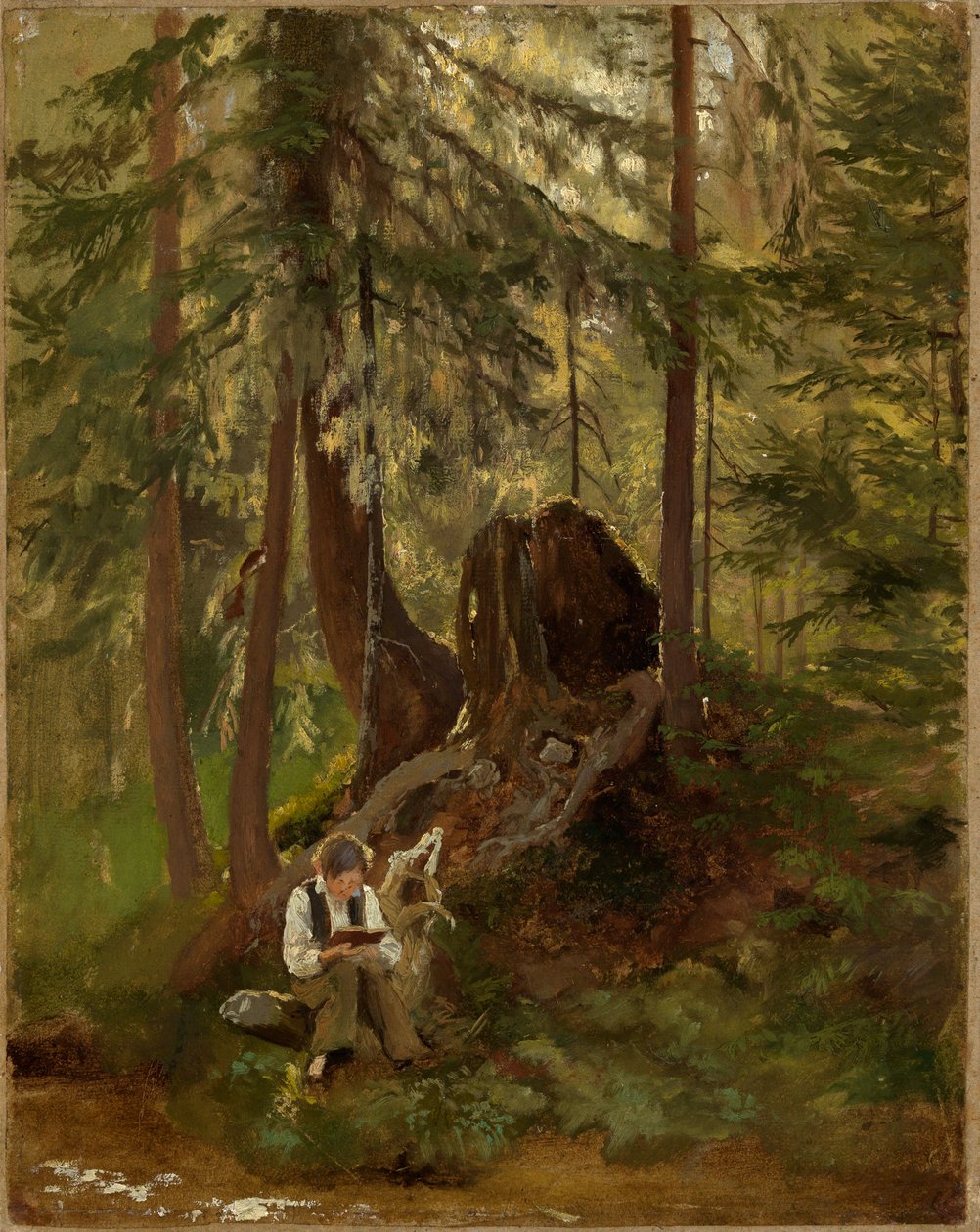 Intérieur de forêt avec un garçon lisant - Hans Thoma