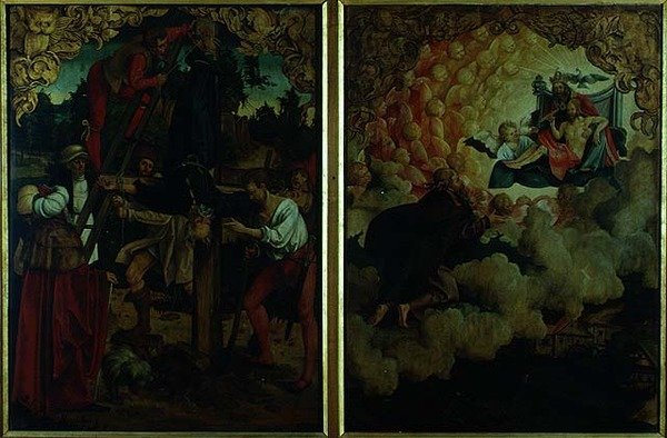 Histoires de S.S Pierre et Paul retable : détail montrant de gauche à droite Crucifixion de Saint Pierre, Saint Paul montant au ciel (détail) - Hans von Klumbach