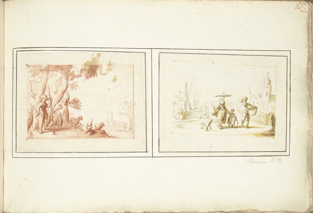 Berger avec son bétail et scène de rue - Harmen ter Borch (signed by artist)