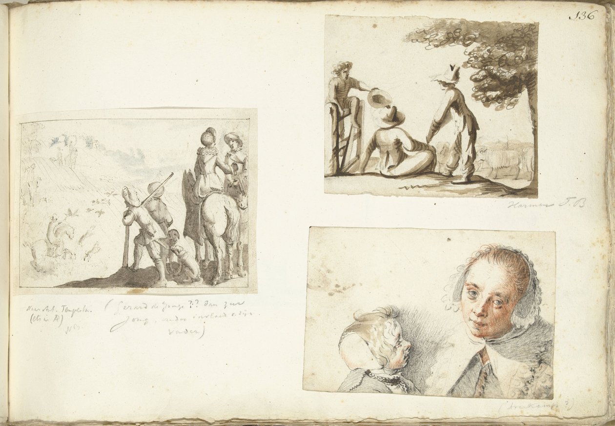 Chasseurs avec faucons, jeunes bergers et femme avec enfant - Harmen ter Borch