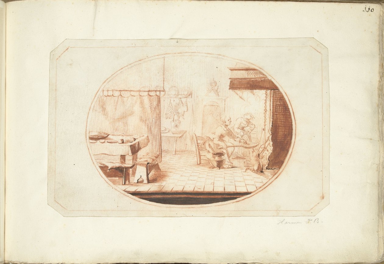 Intérieur de cuisine avec deux femmes et un chat, en ovale - Harmen ter Borch